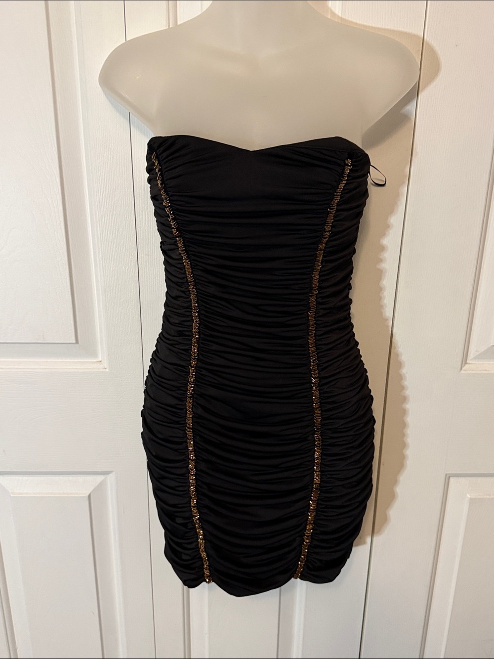 Arden B Sz M Black Strapless Ruched Mini Dress with Gold Trim b718